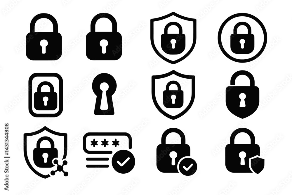 Poster Collection of black lock icons representing security and protection concepts for digital applications