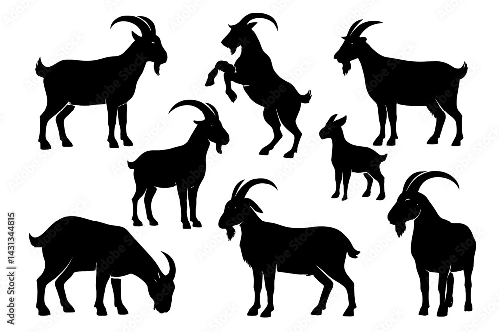Poster Collection of goat silhouettes representing various poses and sizes with a minimalist design in black