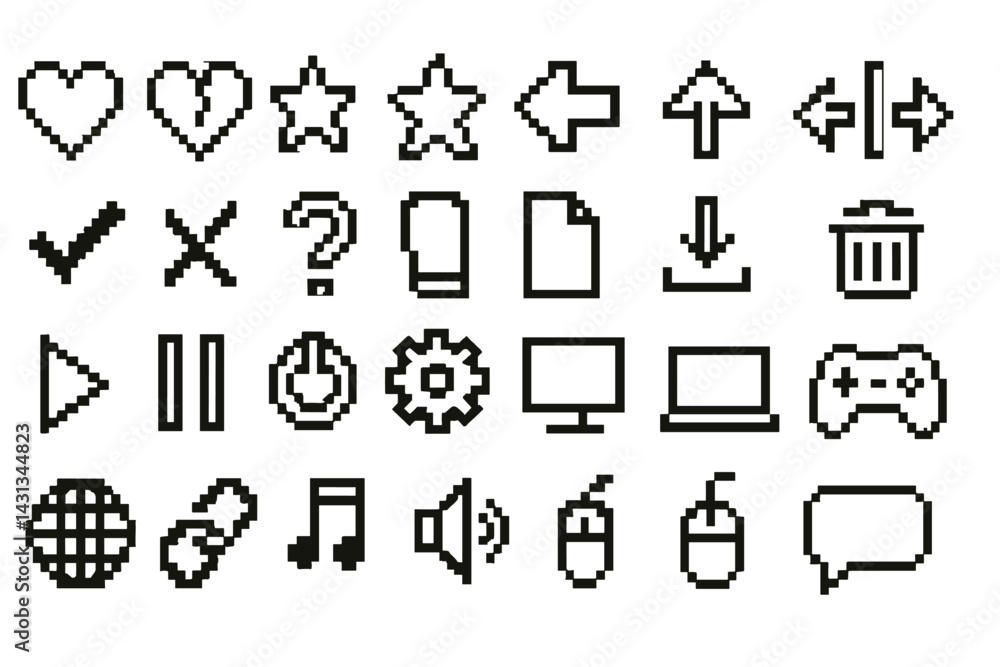 Poster Collection of pixel icons for user interface design featuring symbols for interaction, navigation, and multimedia