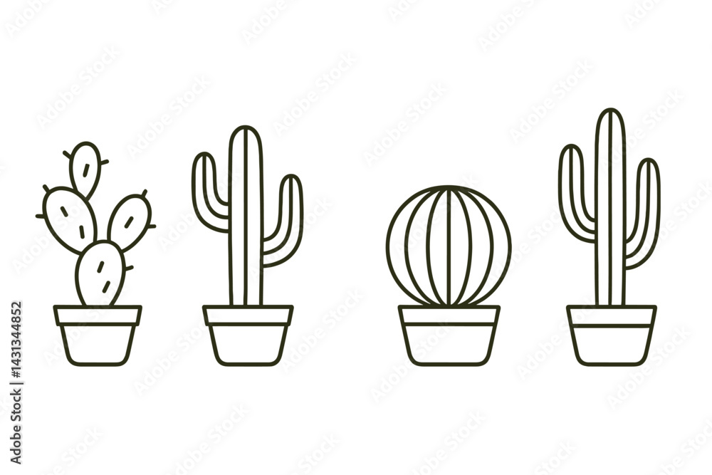 Poster diverse collection of simple and modern cactus icons in pots for graphic design and decoration purpo