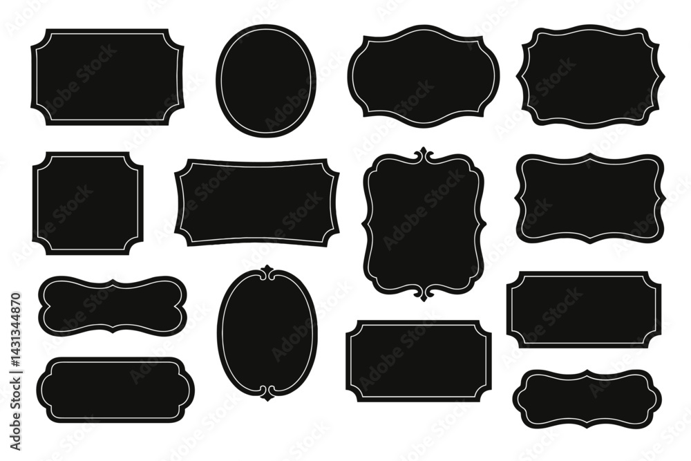Poster icon set features various black decorative labels and frames suitable for multiple design projects a