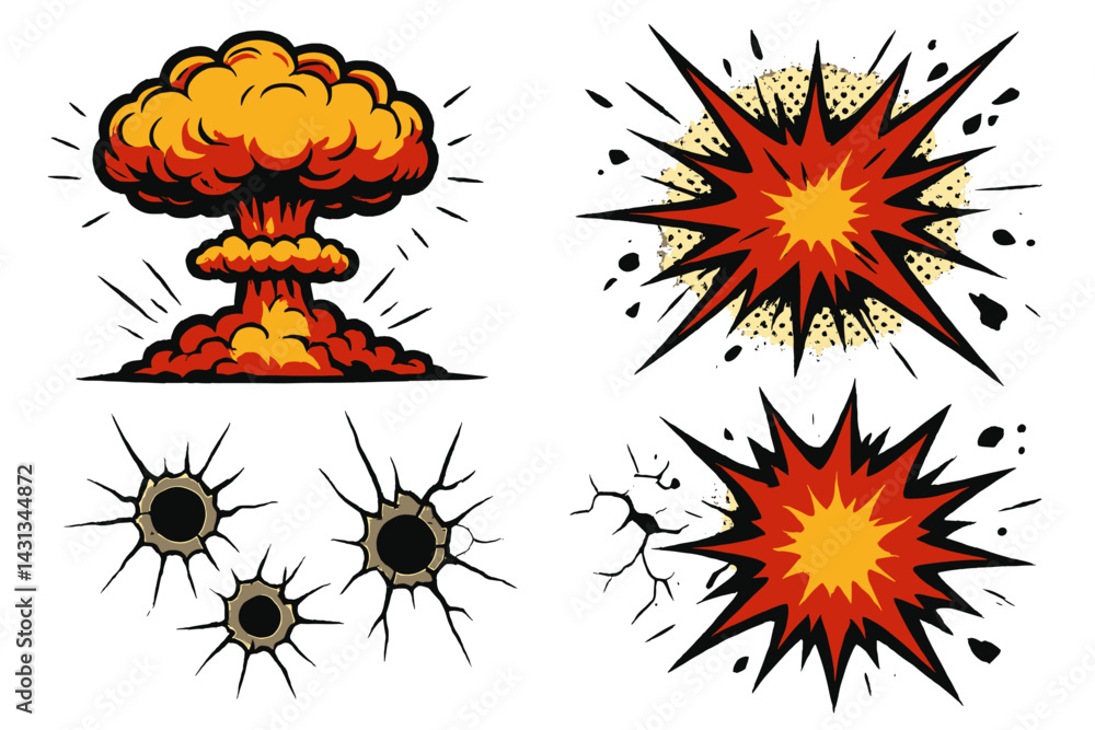 Poster icon set featuring explosion graphics depicting various blast effects and impact designs for creativ
