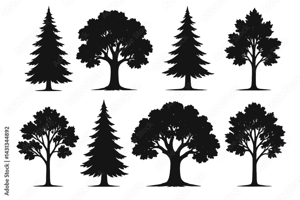 Poster Icon set featuring various silhouettes of trees in distinct shapes and sizes, suitable for design projects