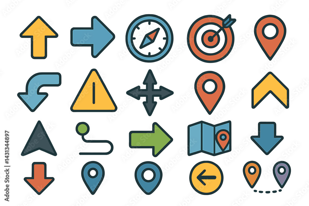Poster Icon set featuring directional symbols and navigation signs for various applications and purposes in a modern design context