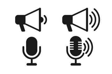 Collection of audio related icons depicting speakers and microphones in simple black design