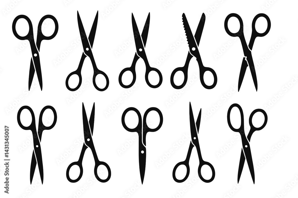 Aufkleber black and white icon set featuring various types of scissors suitable for design and creative projec