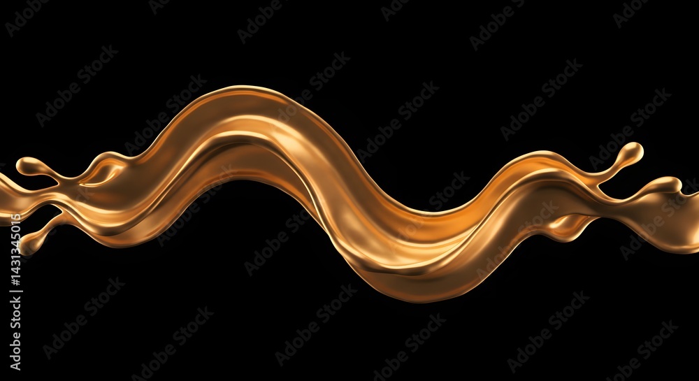 Poster a golden liquid splash in a wavy pattern against a stark black background creating a dynamic effect