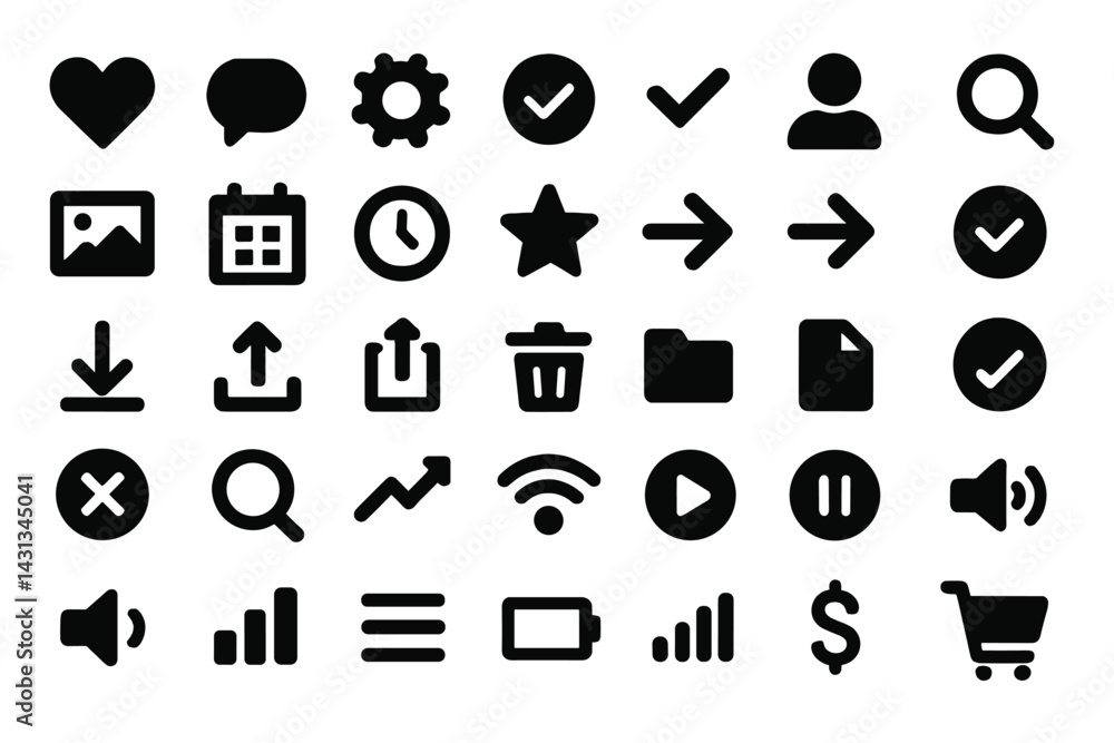 Fototapete icon set featuring various symbols for user interface applications, including social media and produ