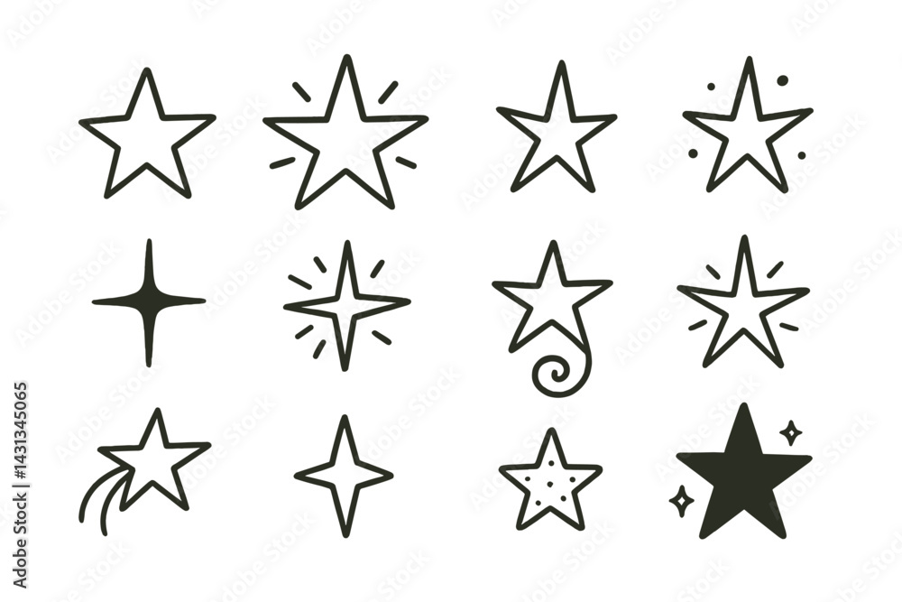 Aufkleber icon set featuring various star designs suitable for digital platforms and creative projects