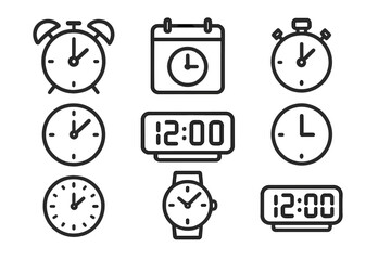 Collection of various clock icons featuring different designs and styles for timekeeping and scheduling purposes