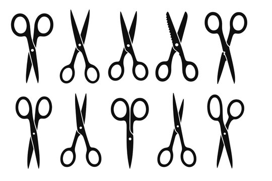 Black and white icon set featuring various types of scissors suitable for design and creative projects