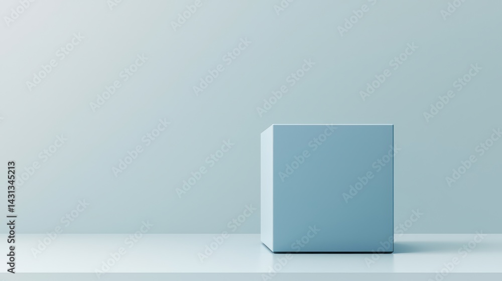 Poster a minimalist composition featuring a single light blue cube on a simple surface against a soft, mute