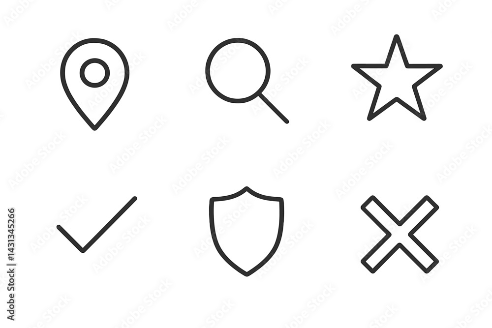 Poster icon set featuring location marker, magnifying glass, star, check mark, shield, and cross for digita