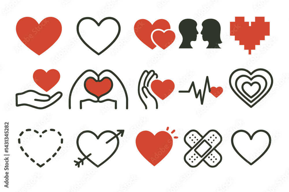 Poster icon set showcasing various heart symbols and expressions of love in simple designs for creative pro