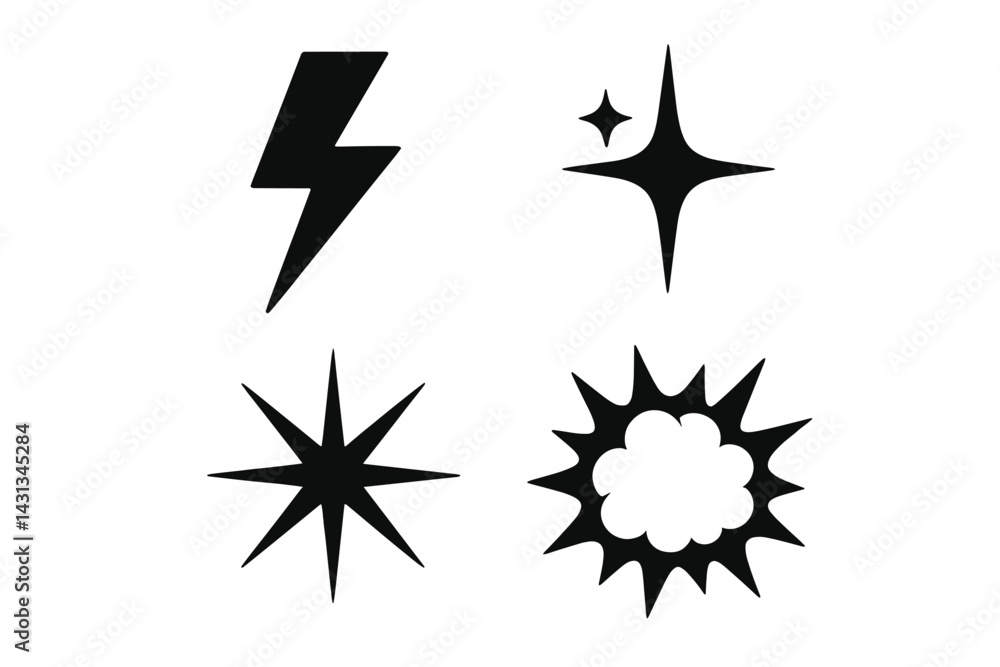 Poster set of black icons featuring lightning bolt, sparkling star, and explosive effects suitable for grap