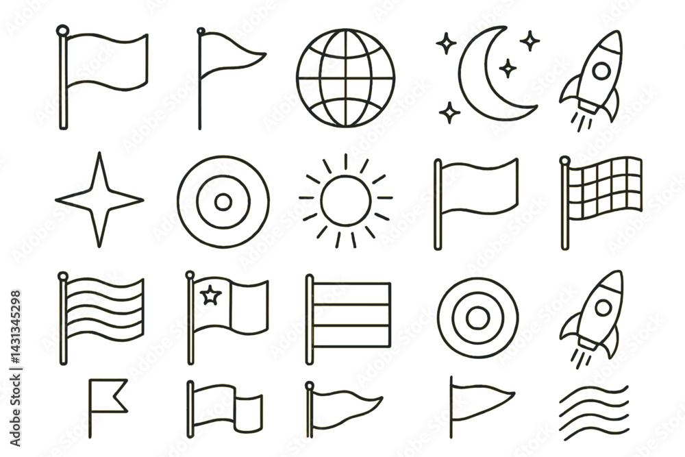 Poster Icon set featuring various flags, celestial objects, and symbols representing exploration and navigation