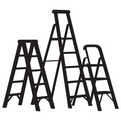 Collection of metal ladders. Different types of stepladders. Flat Vector Black silhouettes. with white background