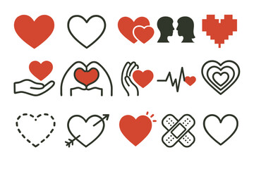 Icon set showcasing various heart symbols and expressions of love in simple designs for creative projects