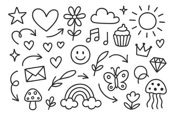 Doodle icon set featuring various playful designs including hearts, flowers, and whimsical elements in black and white
