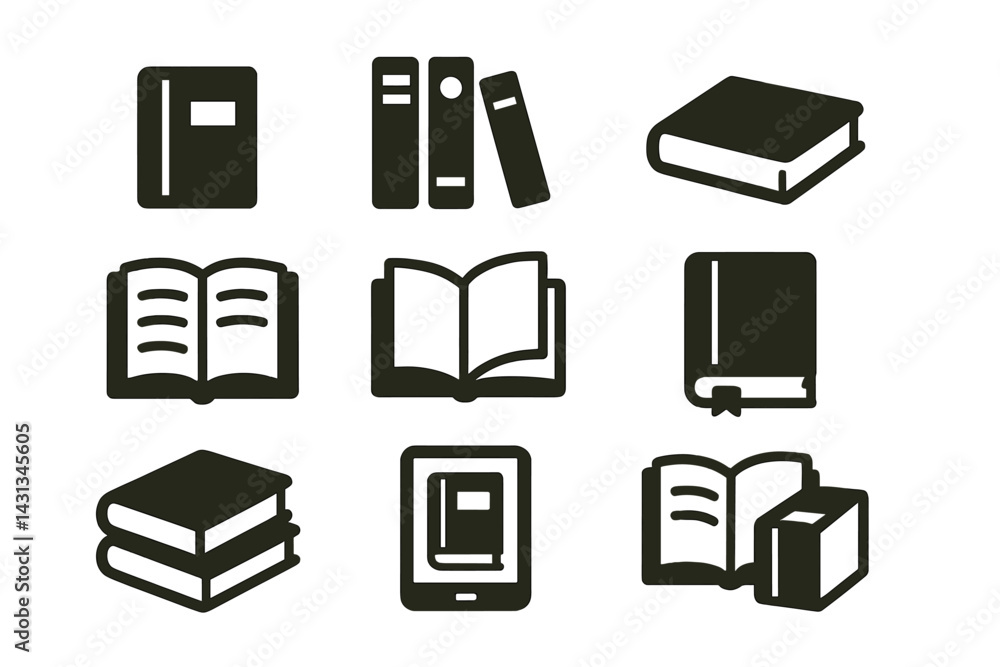 Poster icon set featuring various types of books, binders, and e-readers for educational and library design