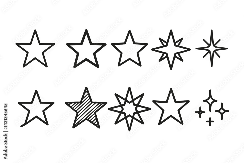 Poster diverse icon set showcasing various stylized star designs for creative projects and digital applicat