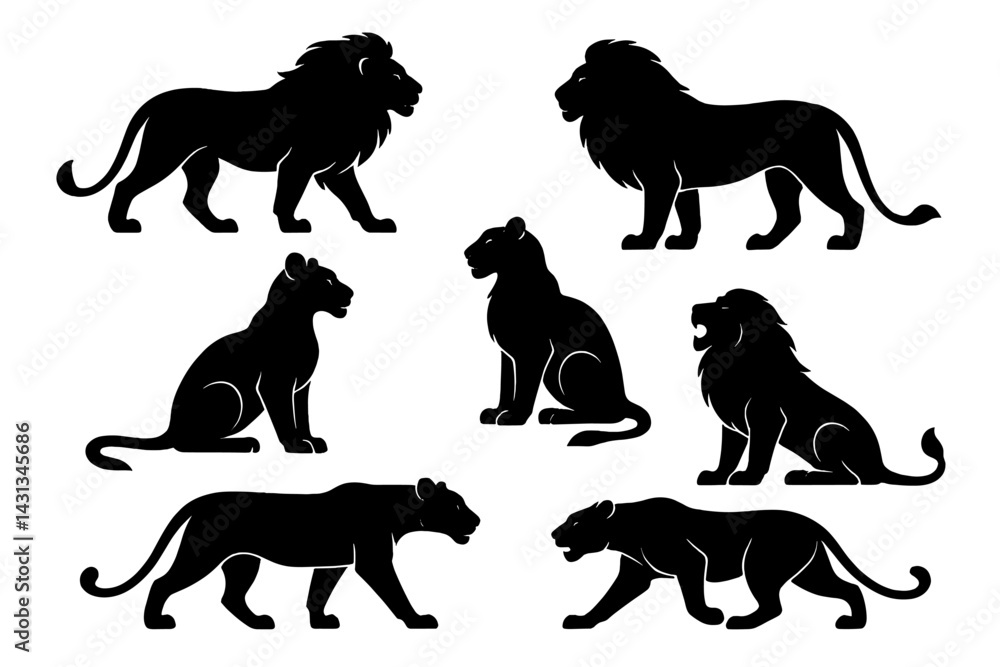 Poster icon set featuring black silhouettes of lions and lionesses in various poses and angles for design a