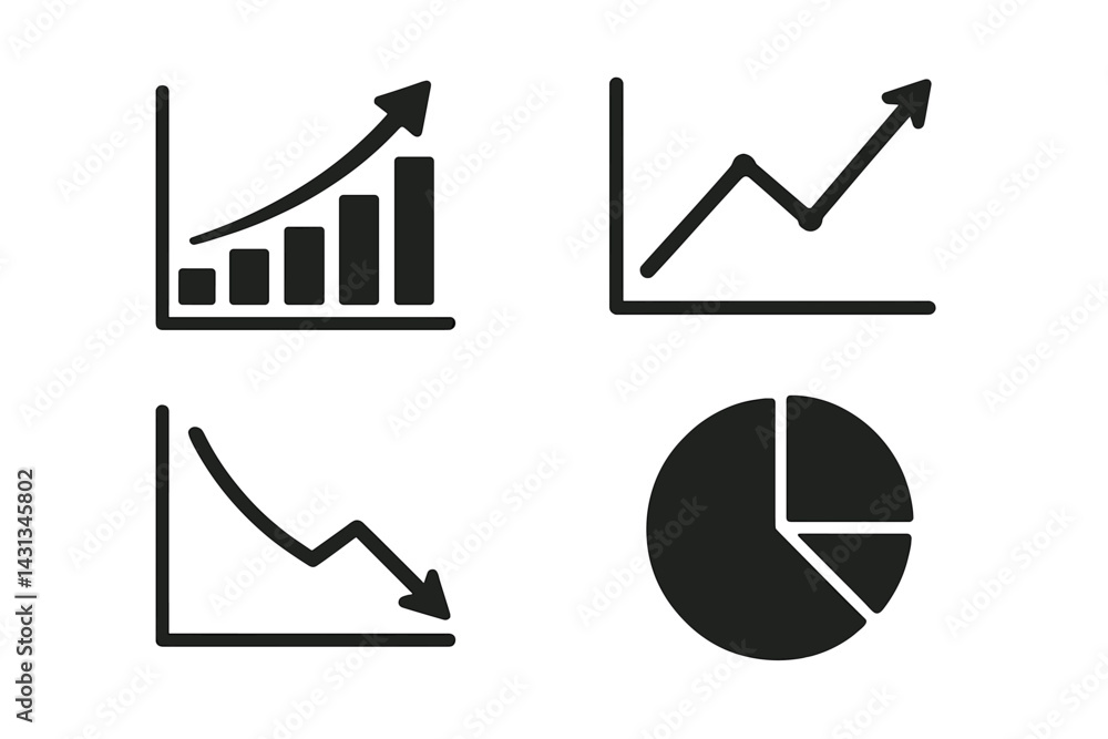 Poster icon set featuring graphs, charts, and trend illustrations depicting data analysis and financial per