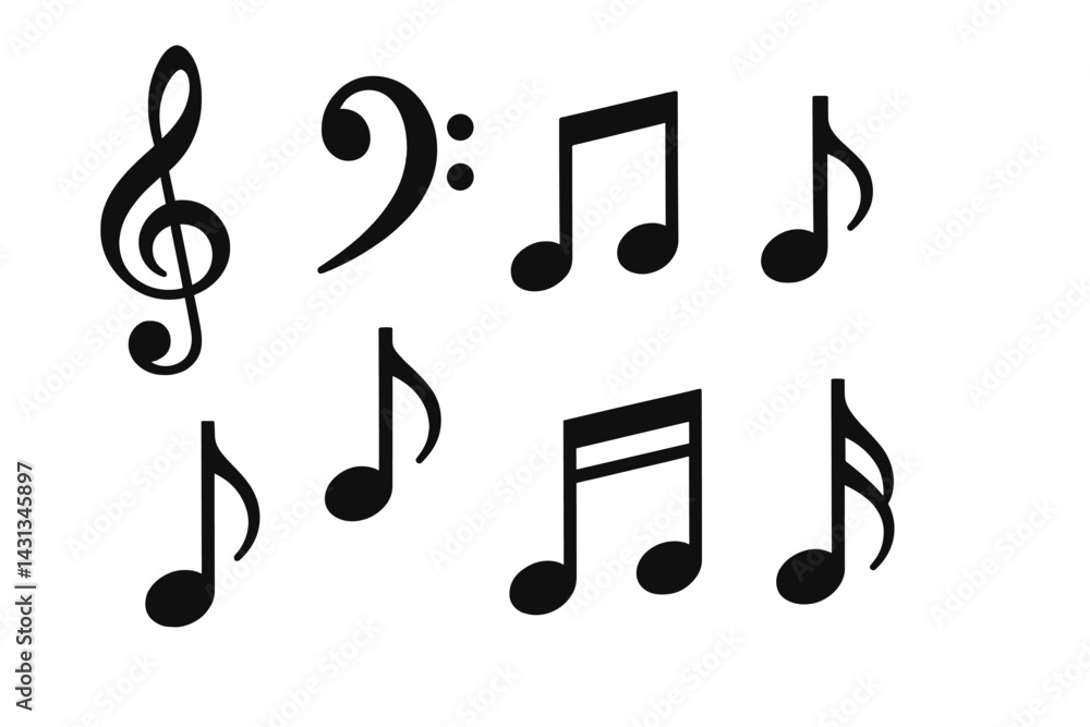 Poster icon set featuring various musical notations in bold black graphics for artistic and educational use