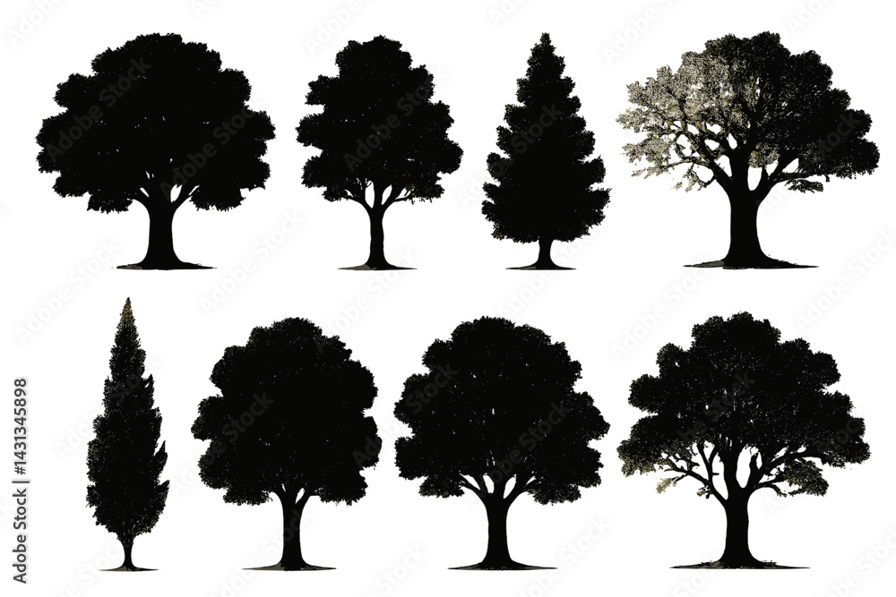 Poster Collection of diverse tree icons showcasing various silhouettes created for nature-themed design projects