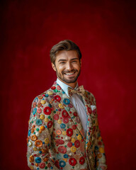 Handsome and irresistible man with a charming smile, wearing a tuxedo made of Christmas ornaments, standing in front of a solid background, in the spirit of the holidays, Christmas, and New Year