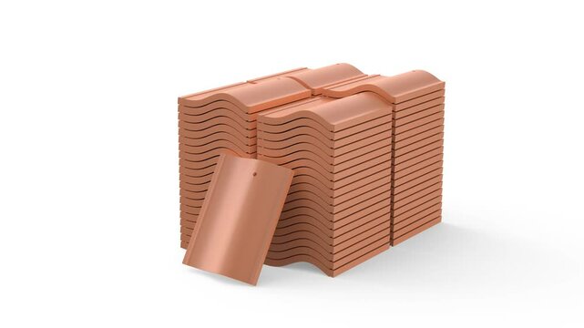 Stack of clay roof tiles on white background