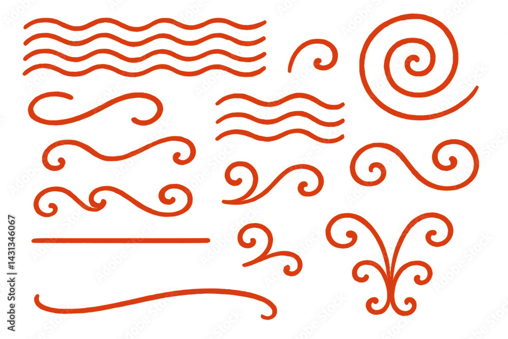 Poster decorative icon set featuring various swirl and wave designs for creative projects