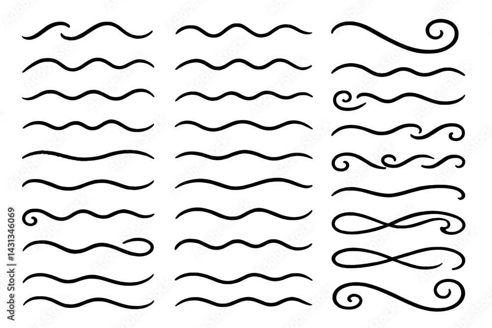 Poster stylized icon set featuring a variety of decorative lines and curves for graphic design and creative