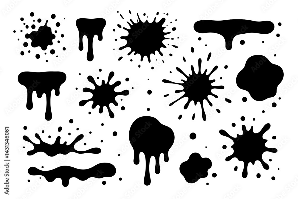 Aufkleber unique black icon set featuring various splash designs and paint drops suitable for creative project
