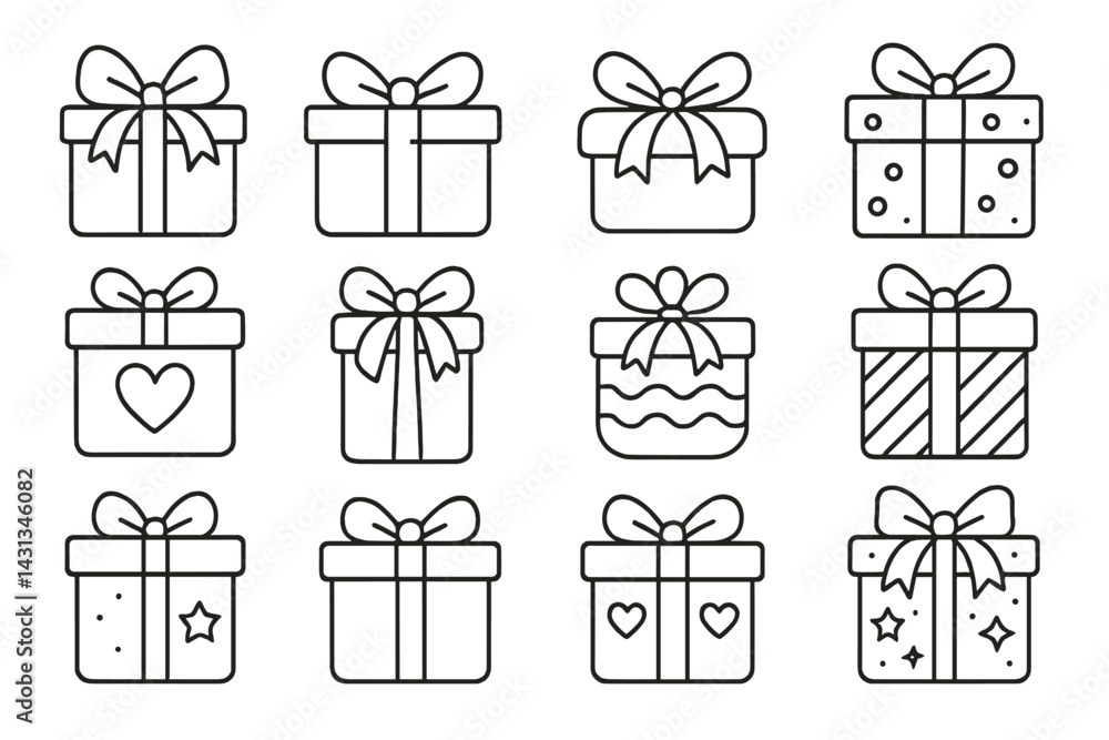 Aufkleber icon set featuring various gift box designs with bows and patterns for festive occasions and celebra