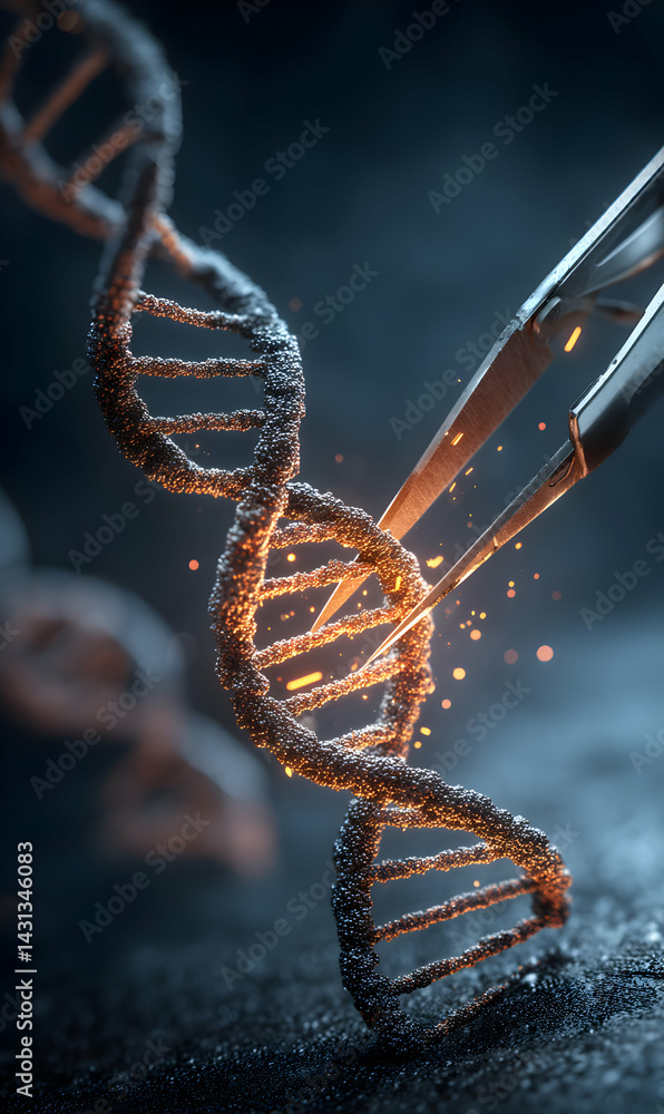 Poster precise genetic alteration concept showing a digital representation of a dna strand being edited