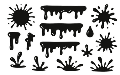 Creative black paint splash icons for graphic design projects and illustrations featuring various sizes and shapes