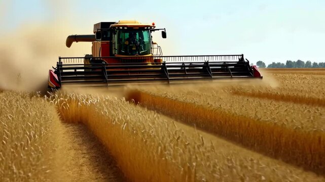 Seasonal wheat harvest by combine, concept of agricultural business, eco products
