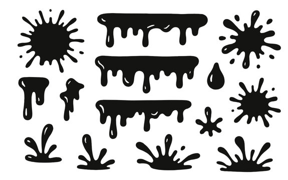 Creative black paint splash icons for graphic design projects and illustrations featuring various sizes and shapes