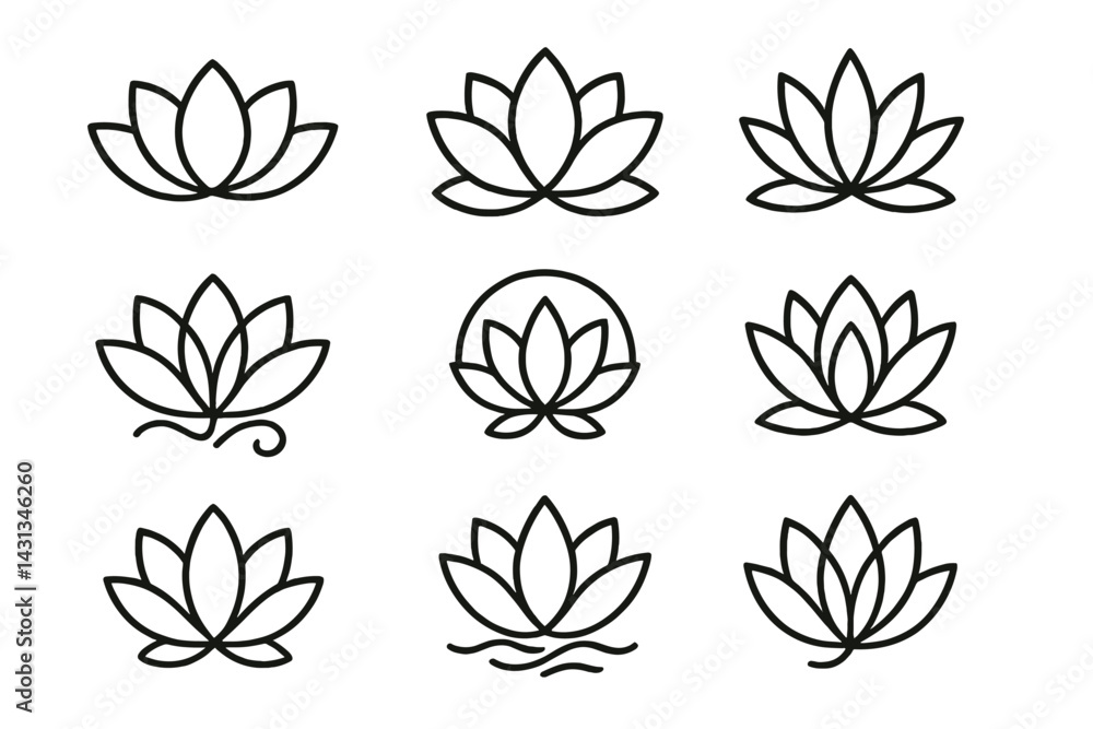 Aufkleber set of minimalistic lotus flower icons in different designs and styles for various uses