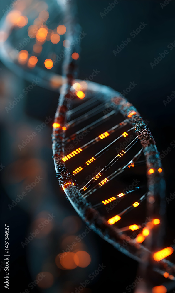 Poster digital dna structure representation depicting data transfer and technological advancement concepts