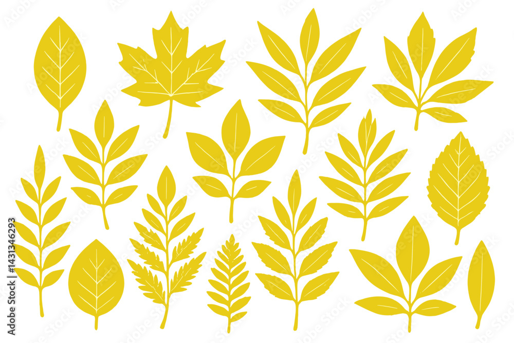 Poster Leaf icon set featuring various yellow leaf shapes for design applications and creative projects