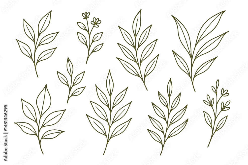 Poster collection of hand-drawn leaf and flower icons suitable for various design projects and crafting pur