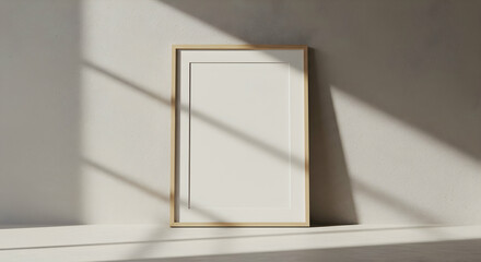 Blank frame mockup on white wall with window light shadows minimalist interior design element 3D render