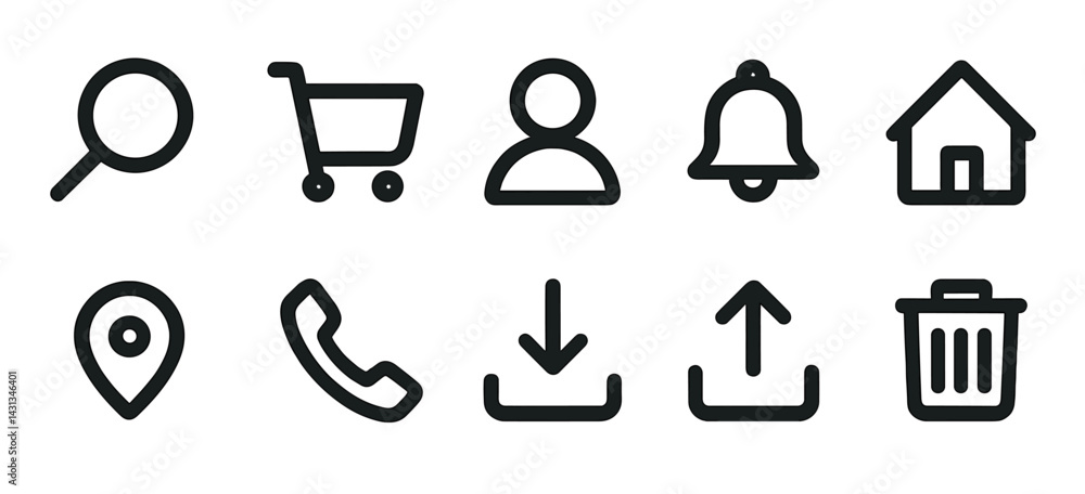 Poster Icon set featuring various user interface symbols for digital applications and websites in a clean, minimalistic style