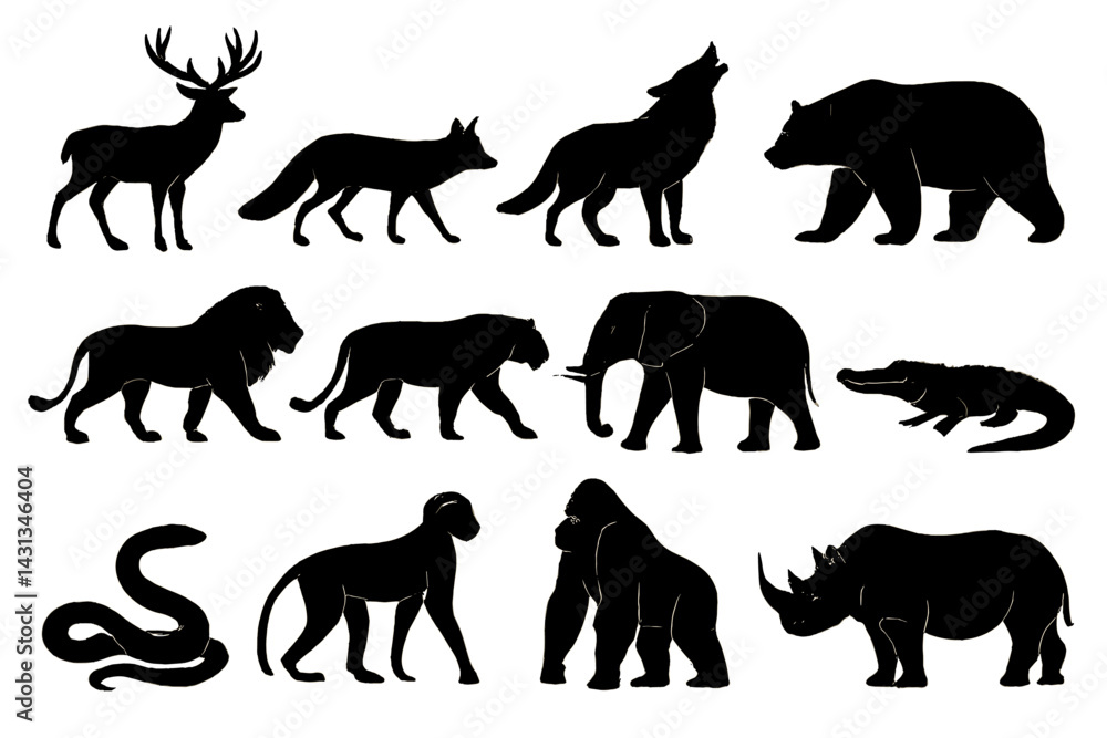 Poster Diverse set of animal icons representing various species in a stylized silhouette format for creative projects and design concepts