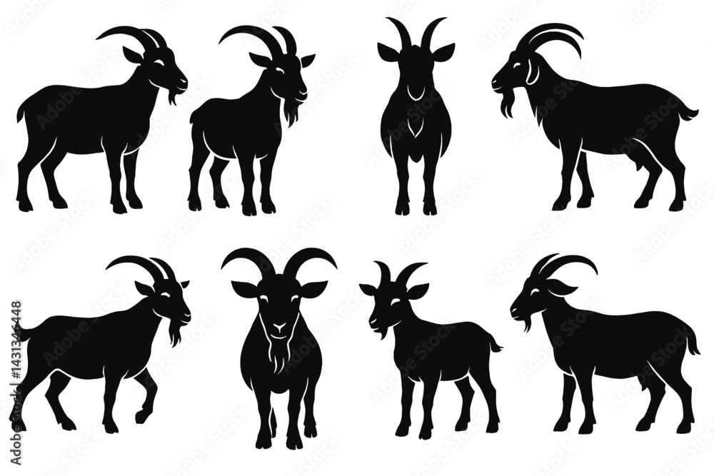 Poster unique black silhouette icons of goats presenting different postures and expressions in a clean desi
