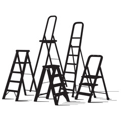 Collection of metal ladders. Different types of stepladders. Flat Vector Black silhouettes. with white background
