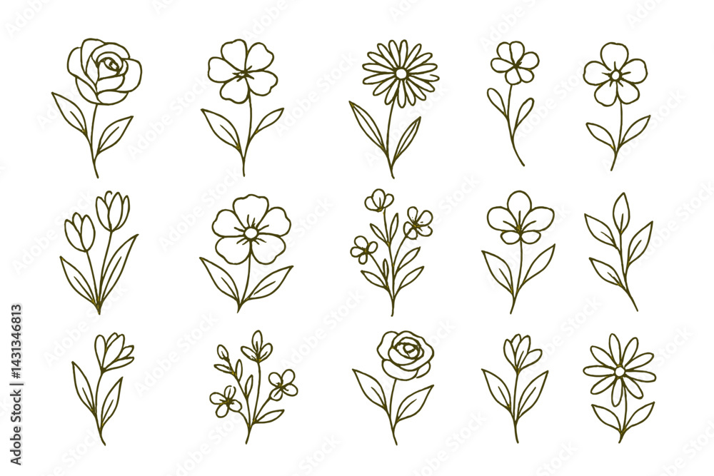 Poster Icon set featuring various flower designs and botanical illustrations suitable for digital and print use