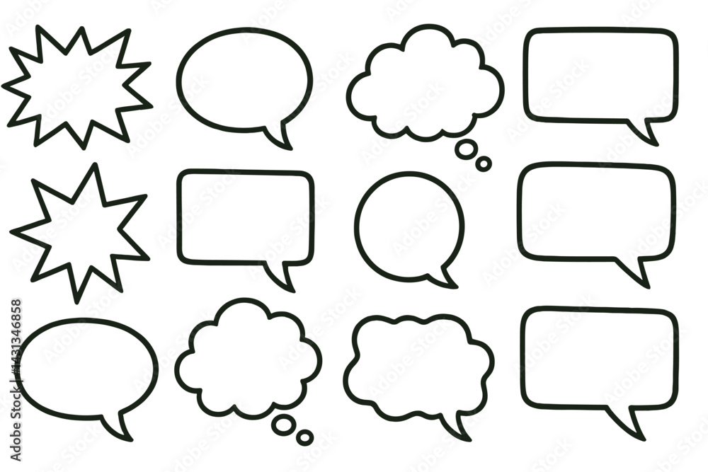 Aufkleber icon set featuring speech and thought bubbles along with explosive designs for communication graphic